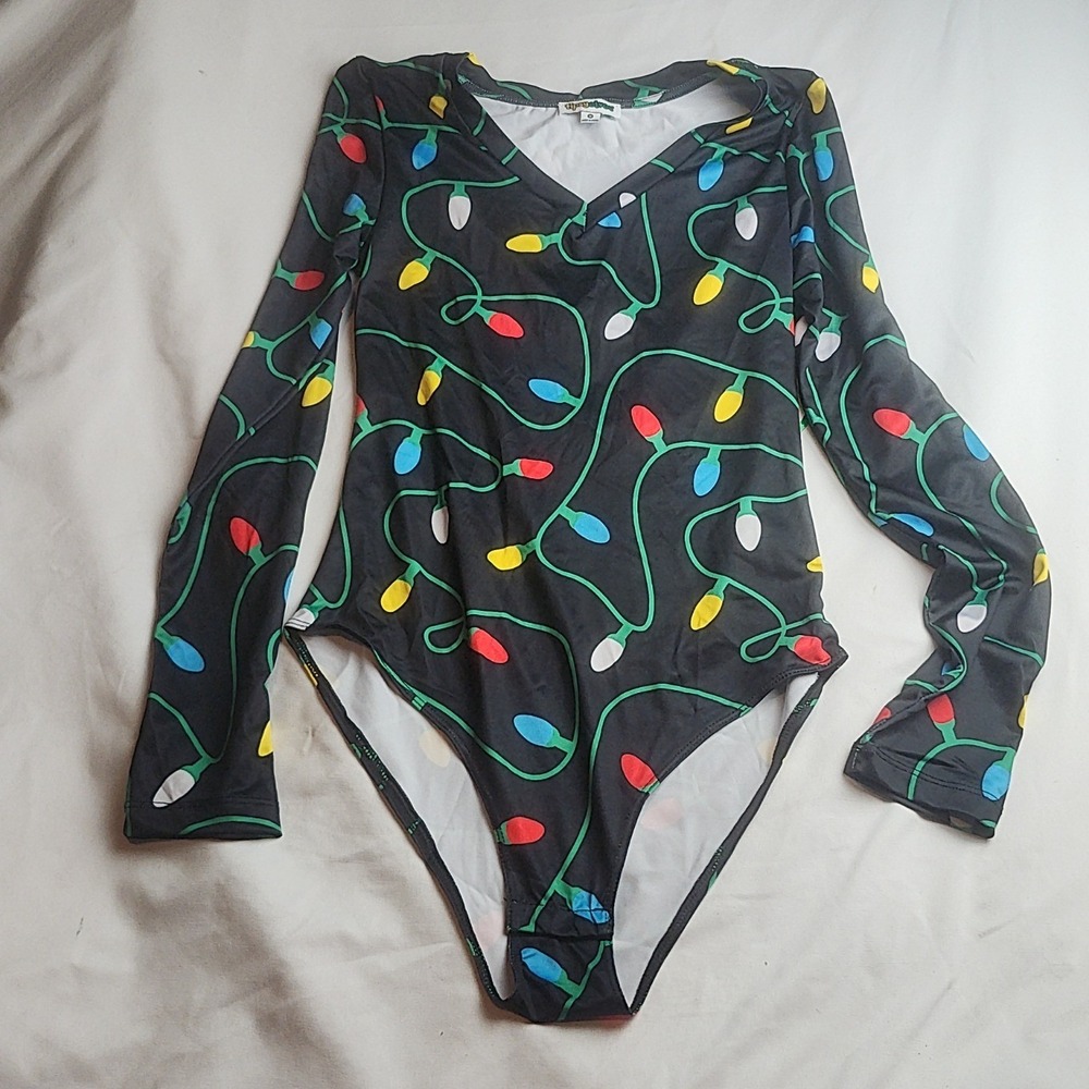 Tipsy Elves Christmas Lights Bodysuit Black Women's Size Medium
